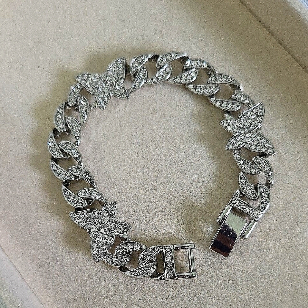 White Gold Filled Pave Cuban Link Chain Bracelet with CZ and Butterfly